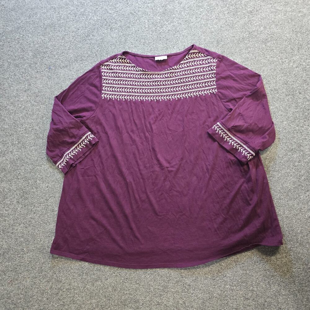 J Jill Top Womens Size 4X Purple Embroidered 3/4 Sleeve Stretchy Wearever Casual